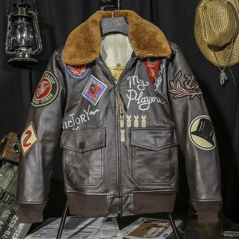 

2021 Brown American Military Style Pilot Leather Jacket Men Wool Collar Europe Size 3XL Real Thick Cowhide Winter Aviator Coat