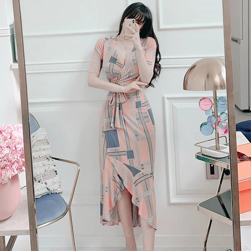 

new arrival fashion dress women elegant summer v-neck short sleeve temperament office lady simple pink print asymmetrical dress