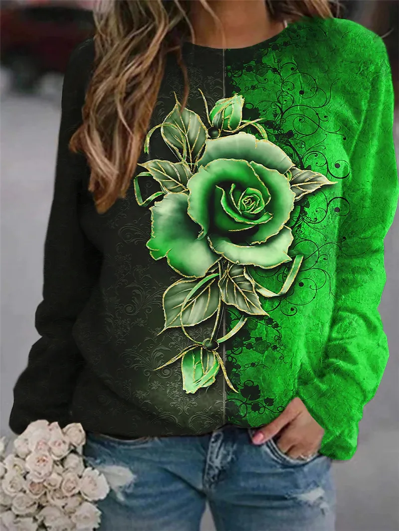 

Женский свитшот с длинным рукавом, Повседневная Свободная Толстовка контрастных цветов с цветочным принтом розы на весну и осень