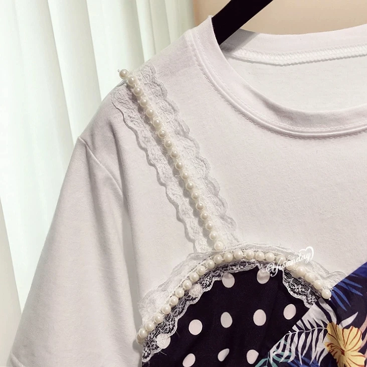 Женская футболка с коротким рукавом летняя свободная составного кроя оборками и