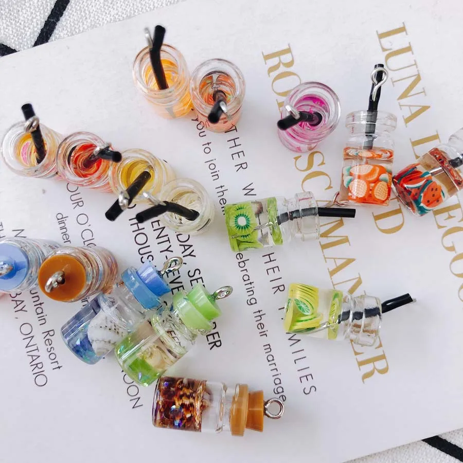 

New 3D Crystal Glass Fruit Drink Bottle Cup Shape DIY Jewelry Charms Ornament Accessories Colorful Fashion Earring Pendant 40pcs