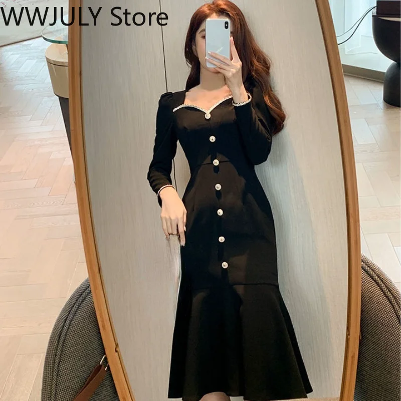 Корейское модное черное элегантное платье офисное женское винтажное миди осень