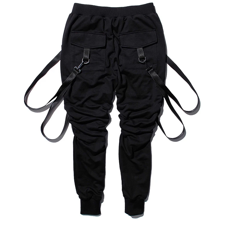 

Men's Black Cargo Sweatpants With Straps Hip Hop Safari Style Joggers Pants for Men Multi-pocket Elastic Waist Sports Pants 2019