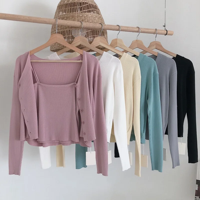 

Unif Cardigan Korean Sweet Thread Long Sleeve Short Sweater Cardigan Suspender Vest Two-piece Set Spring And Summer