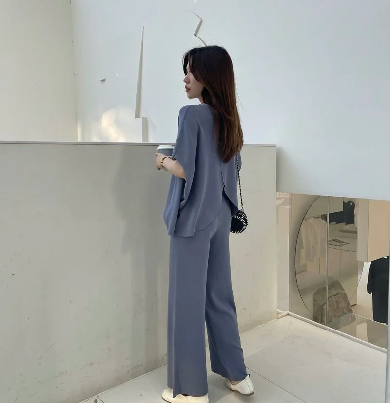 

Summer Ice Silk Knitted Two Piece Set Women O-neck Batwing Sleeve Back Split Tops + Wide Leg Pants Women's Tracksuit Korean