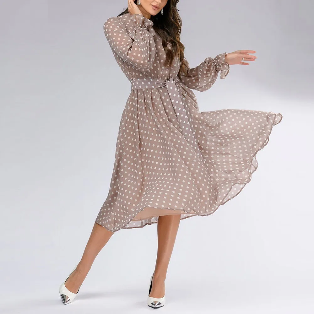 

2021 Trend Polka Dot French Dress Vintage Empire Mid-calf Ladies Frocks for Women Casual Long Sleeve Bandage Dresses Vestidos