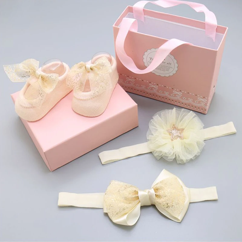 Детские носки и повязка на голову милый комплект кружевные с лентой для волос