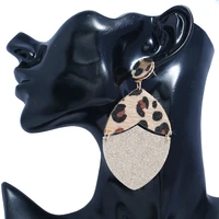 mg new fashion splice leopard pu leather earrings glitter vintage geometric pendant dangle earrings jewelry women accessories