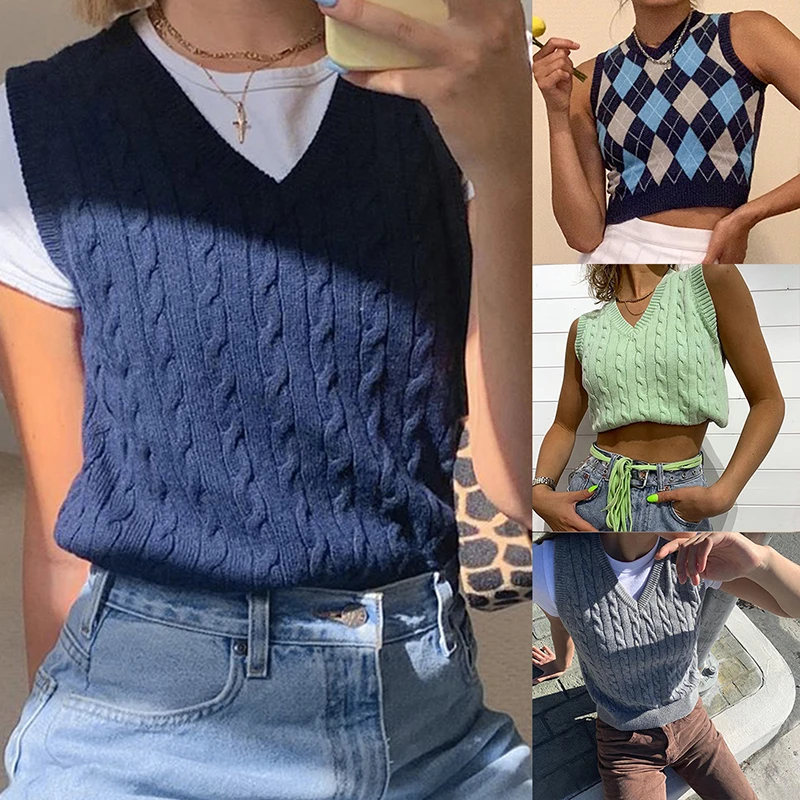 

Женский свитер, жилет 2021, свитер с V-образным вырезом, женский свитер, жилет, женские вязаные укороченные свитера без рукавов, повседневные о...