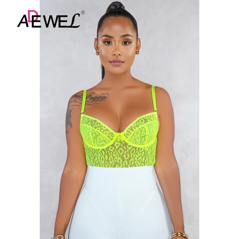 Женское прозрачное боди с леопардовым принтом ADEWEL зеленое черное сеткой пуш-ап