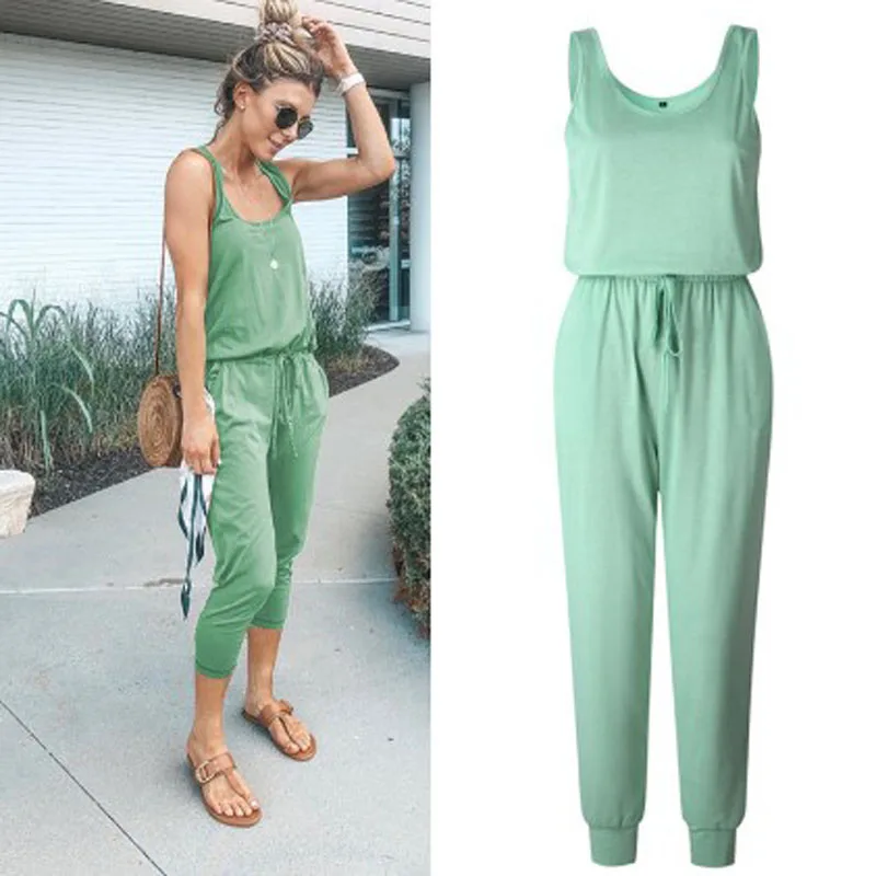 Женский комбинезон без рукавов Черный Повседневный Длинный Облегающий пляжный с