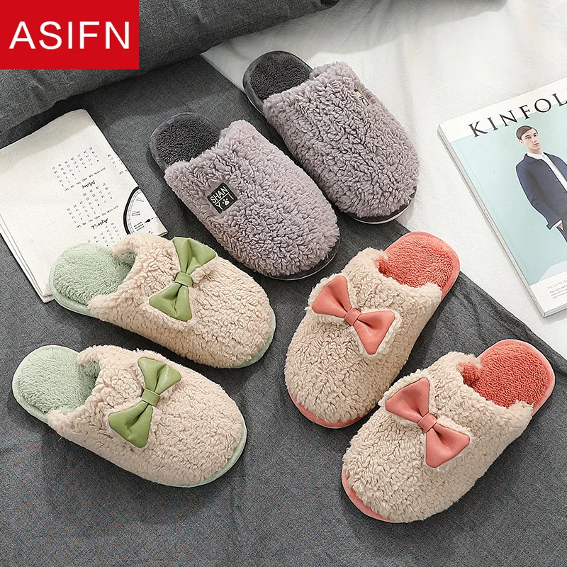 

ASIFN Women Cute Winter Home Fur Slippers New Warm Classic Furry Bedroom Non-slip Flock Indoor Ladies Cotton Women Shoes