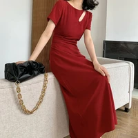 summer casual womens red dresses round neck short sleeve solid color a line midi dress fashion vestidos femme robe