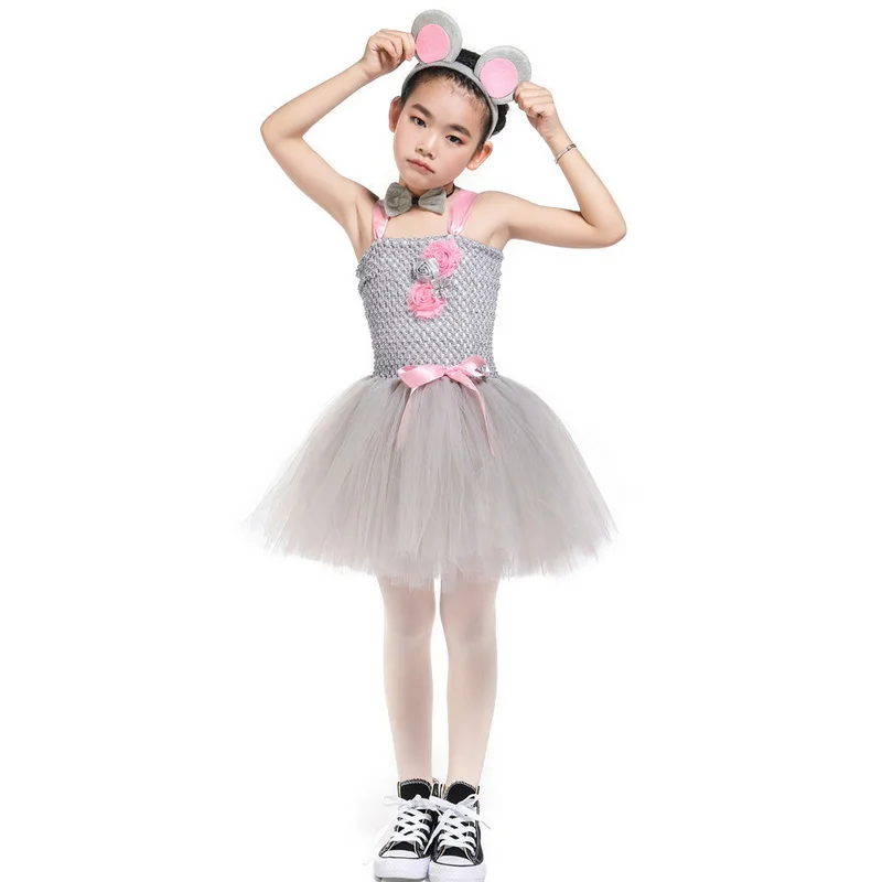 Дети животных костюмы для костюмированной вечеринки Мышь пачка хвост платье с