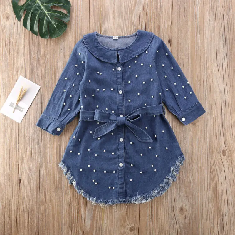 New Kids Blue Pearl Bowknot Denim Jeans Baby Girl Long Sleeve T-Shirt Girls Dress Kid Coat Toddler Clothes | Детская одежда и