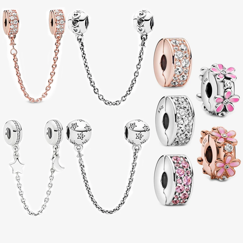 

s925 Sterling silver color Clips Safety chains fit Original Pandora Moments Charms Bracelet for women jewelry berloques prata