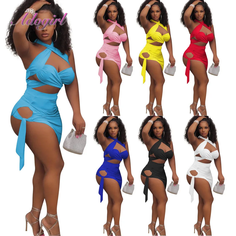 

Women Summer Skirt Two Piece Set Solid V Neck Halter Bandage Crop Top Mini Skirt Suit Outfit Clubwear Matching Set Beach Dress