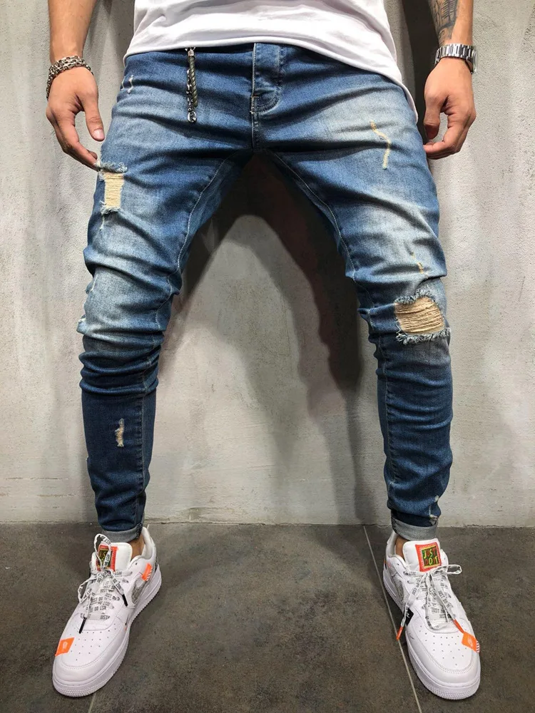 

Men's Jeans Skinny Slim Fit Straight Ripped Distressed Pleated Knee Hole Denim Pants 2019 Summer Dark Blue Stretch Pencil Jeans