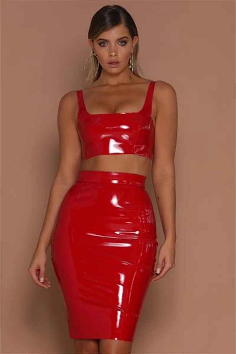 Slaygirl/Дамское Платье из искусственной кожи, Женский комплект, короткий топ на бретелях, юбка, костюм, облегающее платье, лето-осень, вечерние комплекты из двух предметов