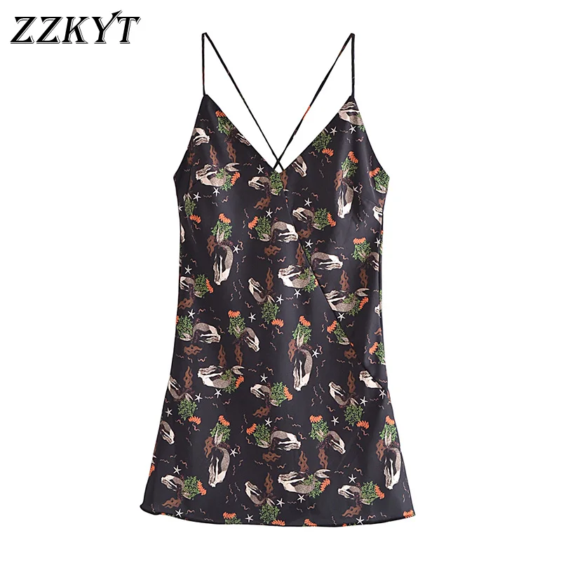 

ZZKYT 2021 женское летнее винтажное мини-платье с принтом бантом на бретельках с V-образным вырезом без рукавов с открытой спиной жестяные на бре...