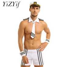 Mens Male Sexy Sailor Costume Overalls Cosplay Underwear Set Suspenders Boxer with Collar Cuffs Halloween Costumes for Role Play