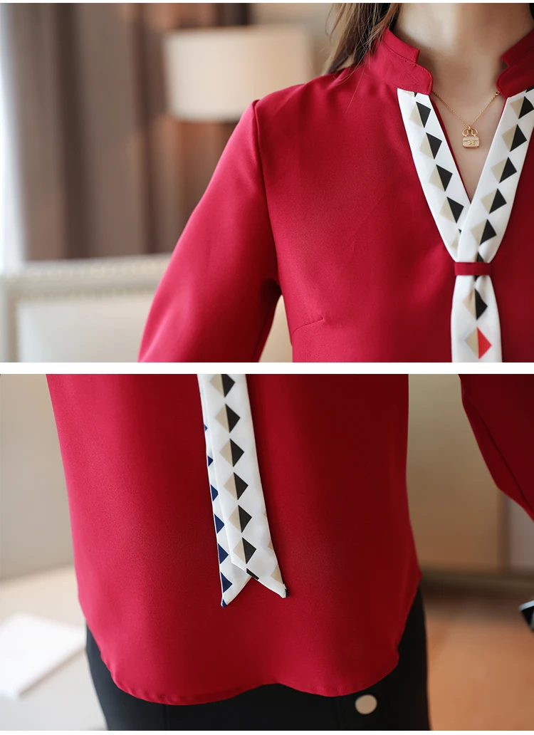Dingaozlz blusa feminina Elegant Chiffon shirt Long sleeve Ladies blouse Red White Office lady shirt Patchwork Women Tops