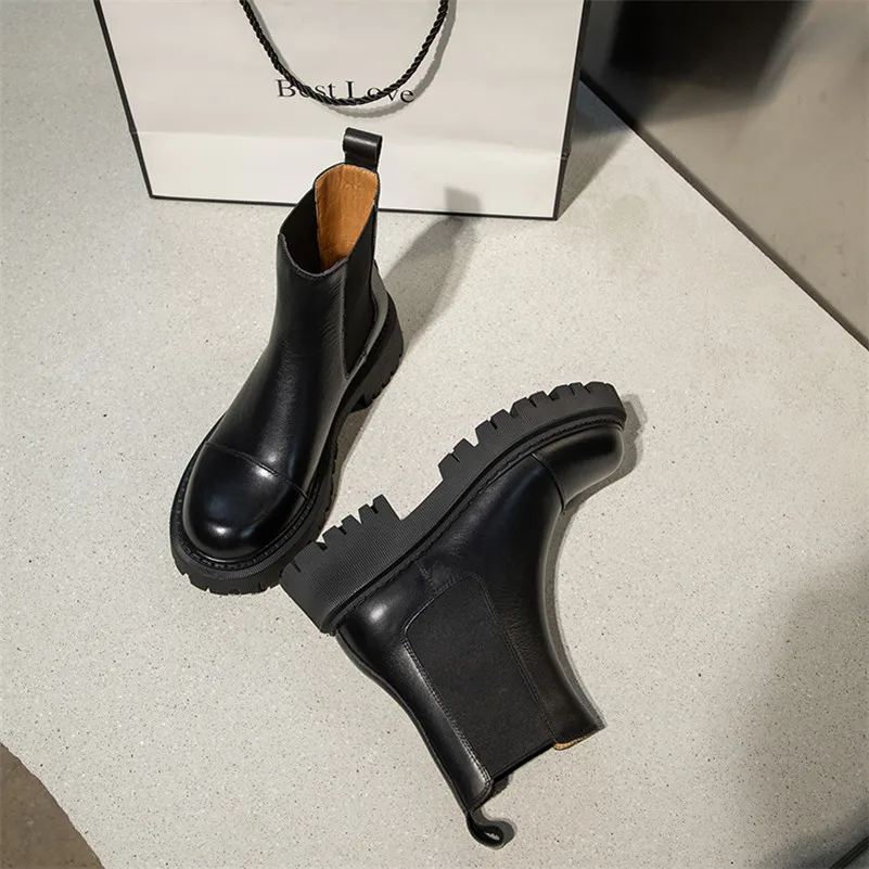 

Meotina Genuine Leather Platform High Heel Short Boots Women Chelsea Boots Shoes Chunky Heels Slip On Ankle Boots Autumn Winter