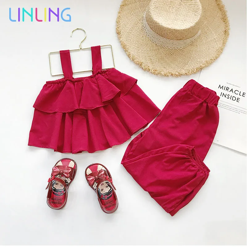 

Girls Pant Girl Toddler Kid Baby Girl Clothes Sets Solid Strap tiered Tops vest+ Long Pants Casual Outfits Set 2pcs 1-6Y