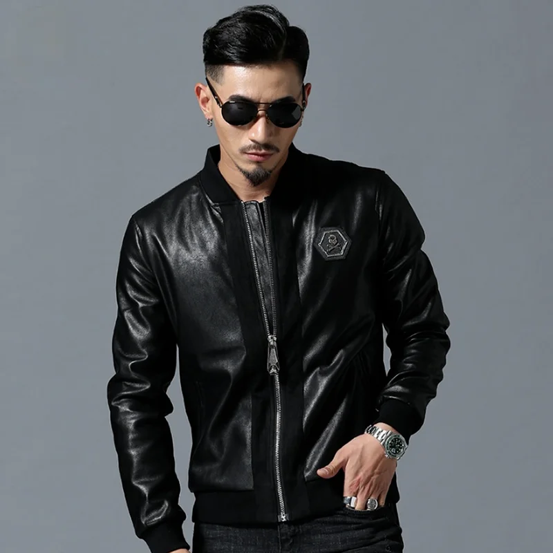 

PU Jackets Men Black High Street Stand-Neck Zipper Rib Sleeve Streetwear Motorcycle Faux Leather Coats New Men motorcycle jacket