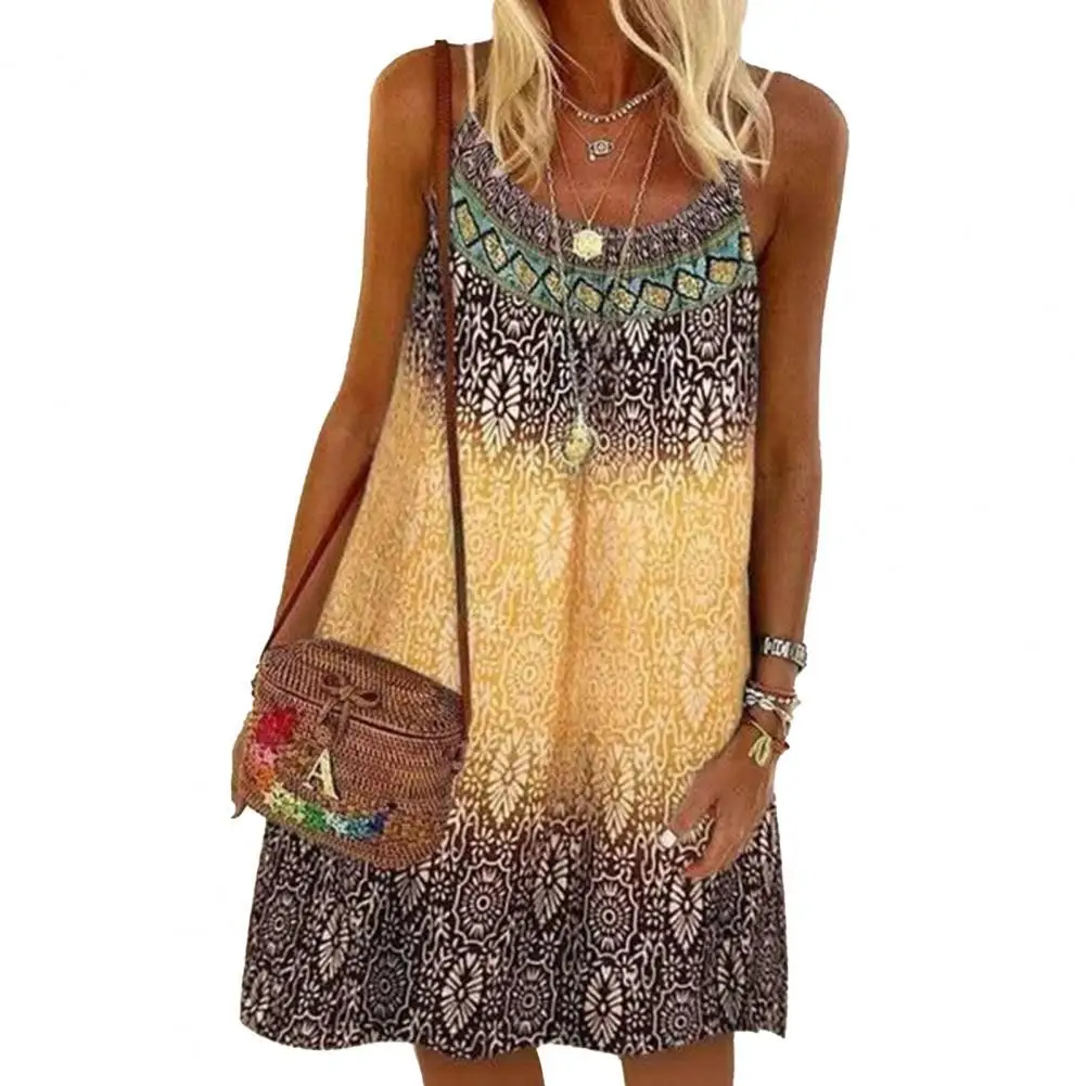 

Summer Bohemian Dress Women Vintage Printed Spaghetti Strap Sundress Casual Sleeveless Plus Size Mini Beach Dress Vestidos