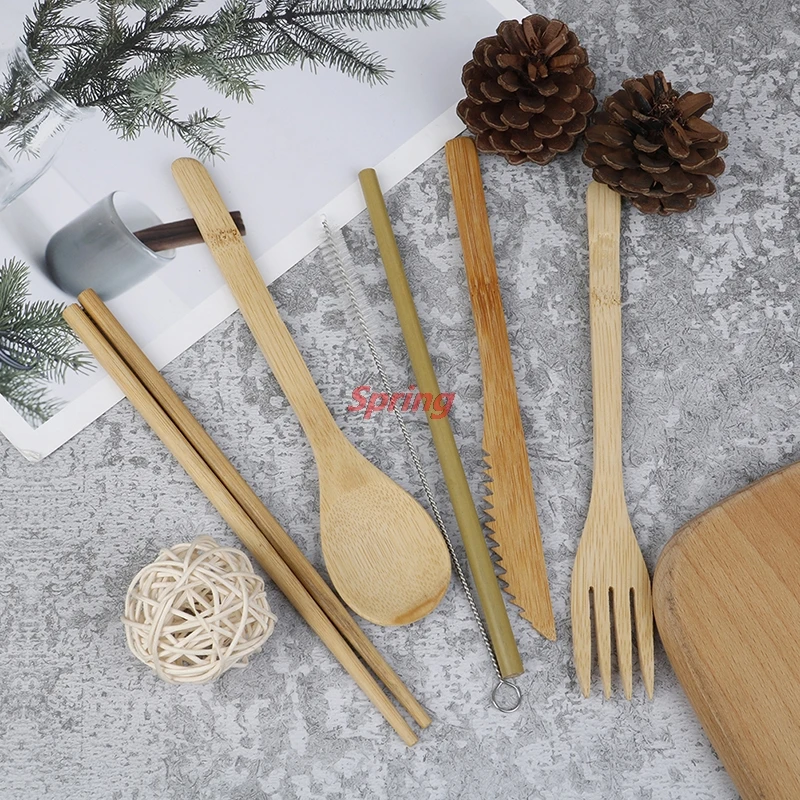 

New 1Set Portable Bamboo Cutlery Set With Pouch Knife Outdoor Travel Camping Gifts