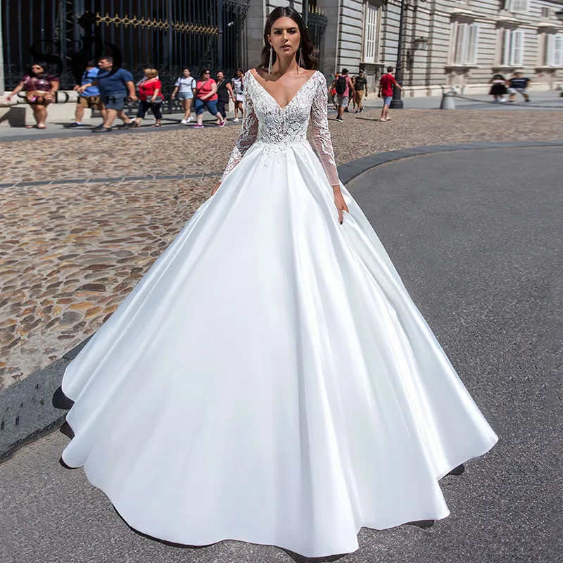 SoDigne Vintage Satin Hochzeit Kleider 2021 Moderne Lange Ärmeln V Neck Brautkleid Prinzessin Braut Kleid Robe De Mariage