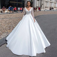 sodigne vintage satin wedding dresses 2021 modern long sleeves v neck wedding gown princess bridal dress robe de mariage