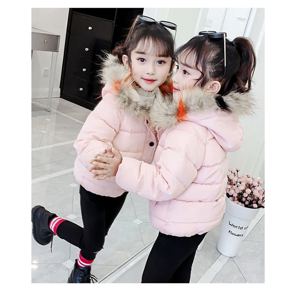 Winter Fashion Girls Big Fur Collar Down Jacket Cotton Boy Hooded Jacket Thickening Children's Warm Cotton Jacket 3-8 years old