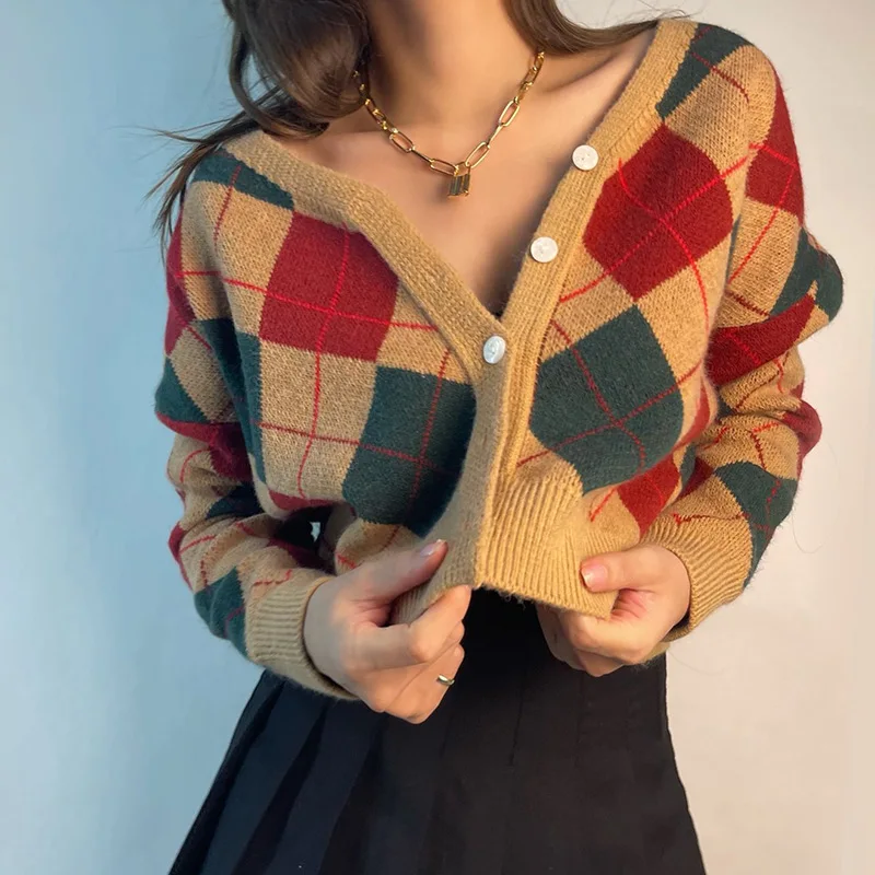 

2021 Winter Knitted Patchwork Women Knitwear Cardigans Fashion Tops Y2K Argyle Long Sleeve Casual Sweater Tops