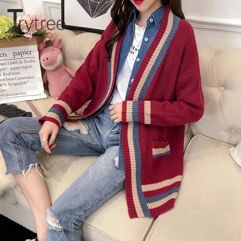 Trytree Winter Women Casual Sweater V-neck Knitting Patchwork Cardigans 4 Colour Fashion Computer Knitted Loose |