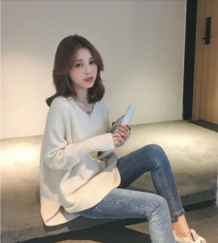 

Korean Half-high Neck Split Beige Long-sleeved Loose Sweater Women's Autumn 2021 New Style Sweater Top