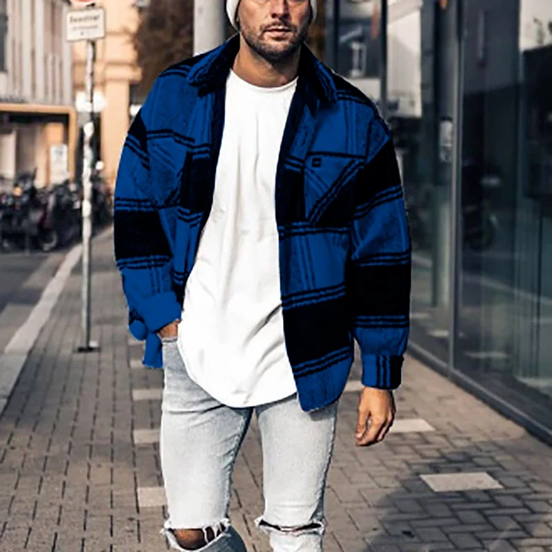

Men's T-shirt 2021 Spring Large Size Loose Red and Black Two-color Plaid Lapel Jacket Joker Men's Wear