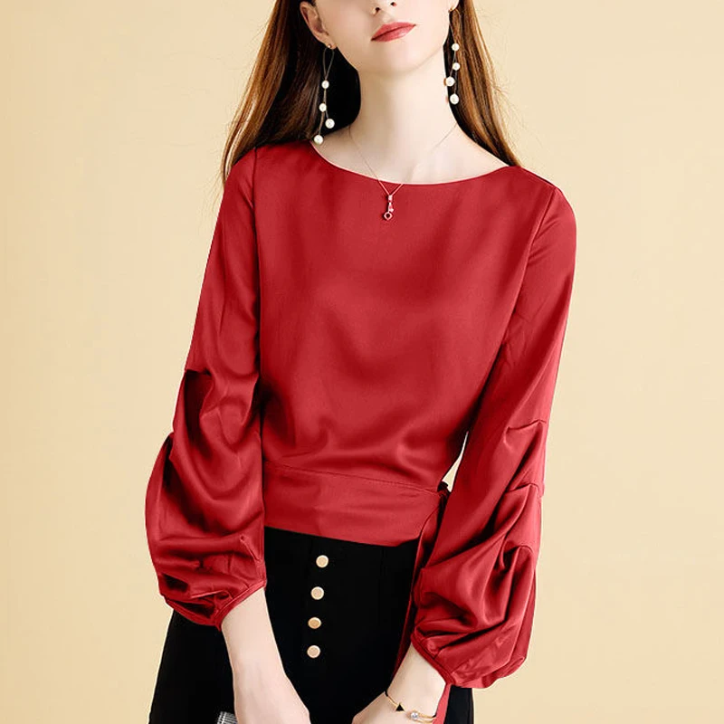 Женская свободная рубашка с длинным рукавом-фонариком и круглым вырезом | одежда