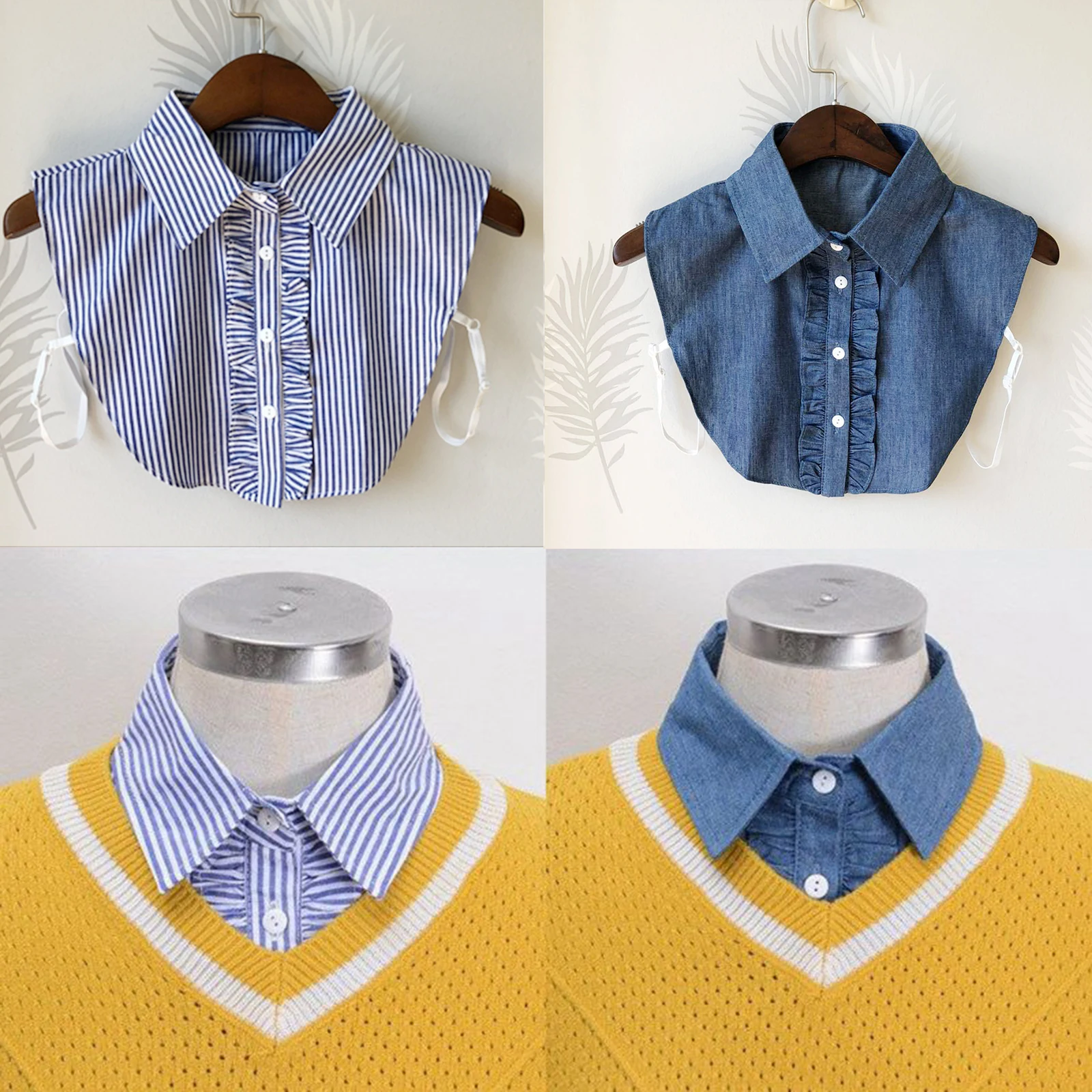 

Denim/Stripe Faux Collar Fake False Dickey Detachable Lapel Blouse Shirt Necktie