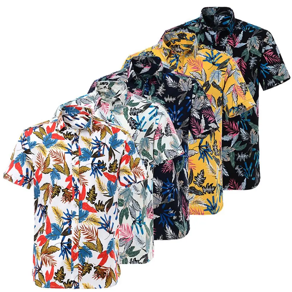 Мужская хлопковая пляжная рубашка с коротким рукавом и цветочным принтом