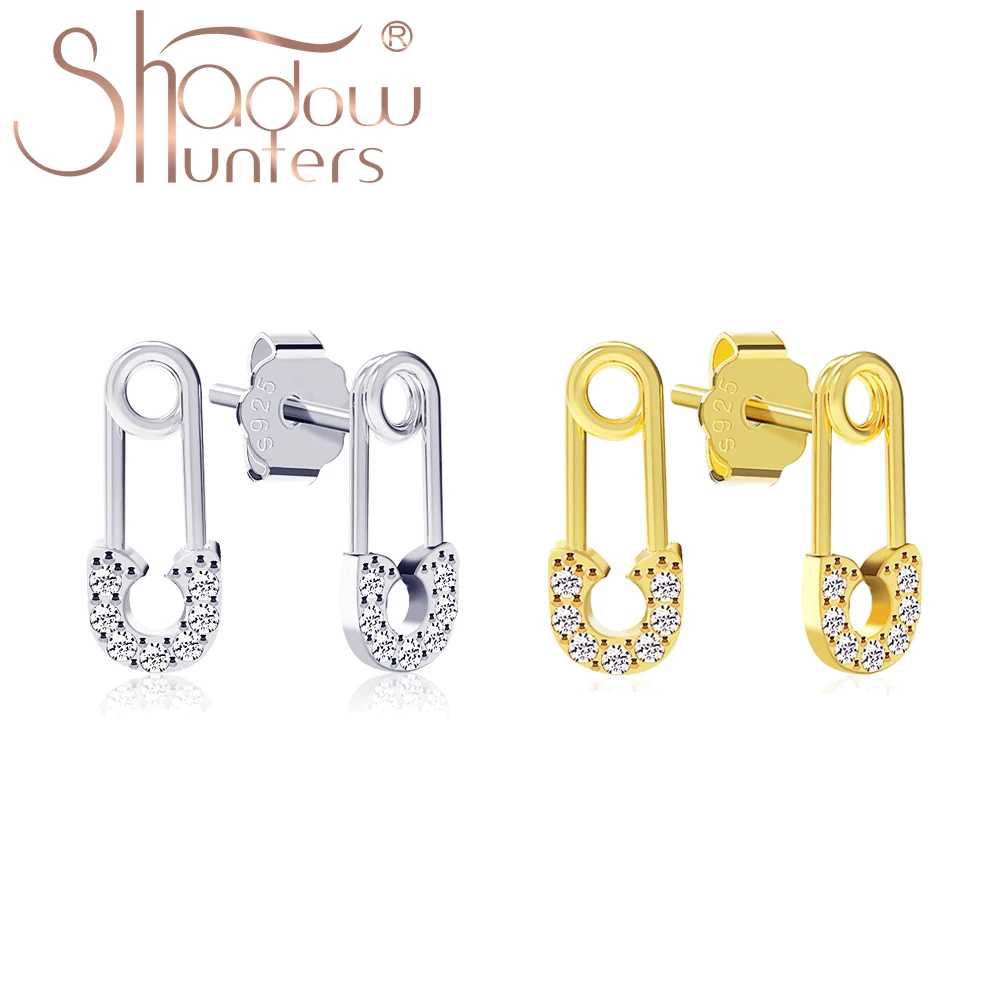 

SHADOWHUNTERS Authentic 925 Sterling Silver Safety Pin Stud Earrings With Clear CZ For Women Luxury Femme Silver 925 Jewelry