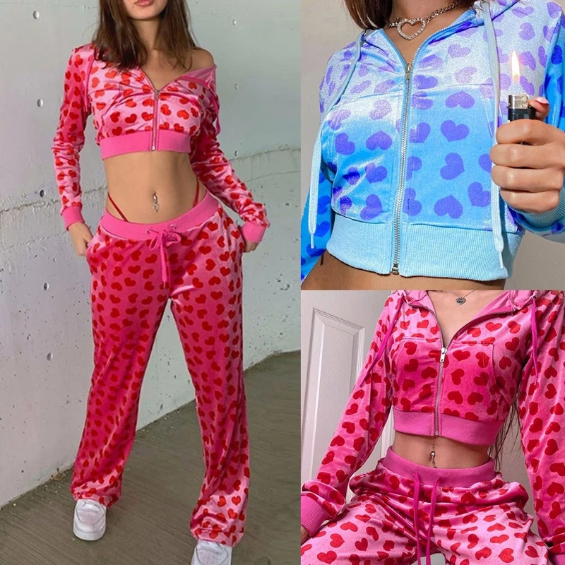 

Women Harajuku Heart Print Hoodie Jacket Long Sleeve Full Zip Up Cropped Sweatshirt Velvet High Waist Drawstring Pants