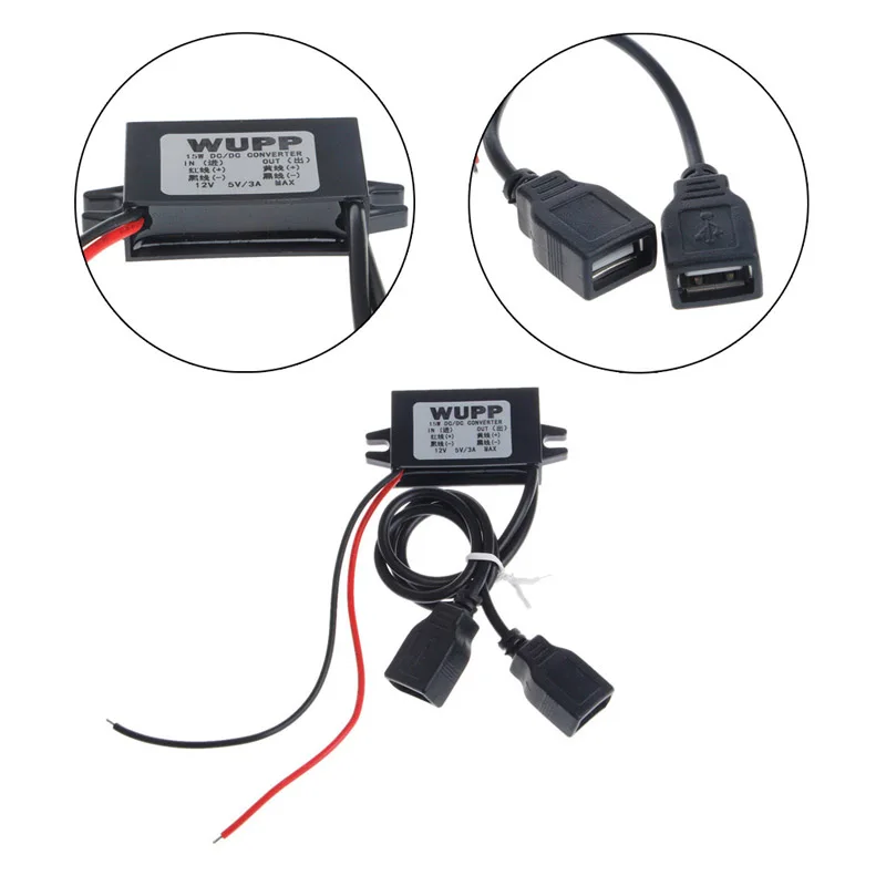 Автомобильный DC 12V до 5V 3A 15W жесткий проводной понижающий двойной USB зарядное