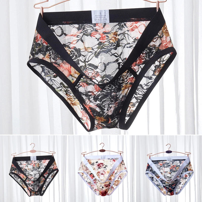 

Men Sexy Underwear Lace Low Rise Briefs Thong T-Back G-String Breathable Lingerie Underpants Semi See Through Panties