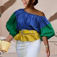 women blouses tops shirts long lantern sleeves skew collar contrast color elegant autumn 2021 new fashion bluas african female