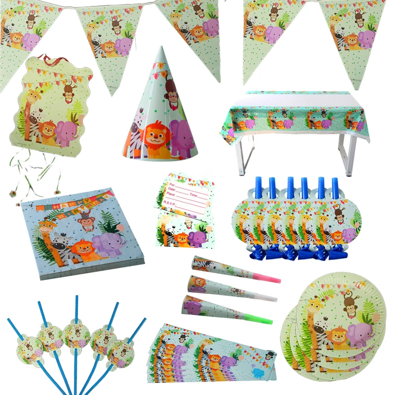 

Animal Theme tableware baby balloon birthday party decoration disposable paper plate paper cup tablecloth hat baby shower