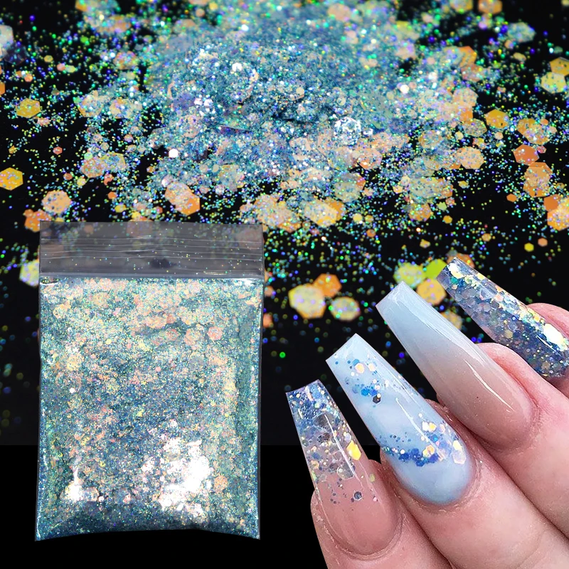 

10g/bag Holographic AB Color Nails Glitter Powder Mixed Size Hexagon Nail Art Sequin Pigment For Manicure Decoration