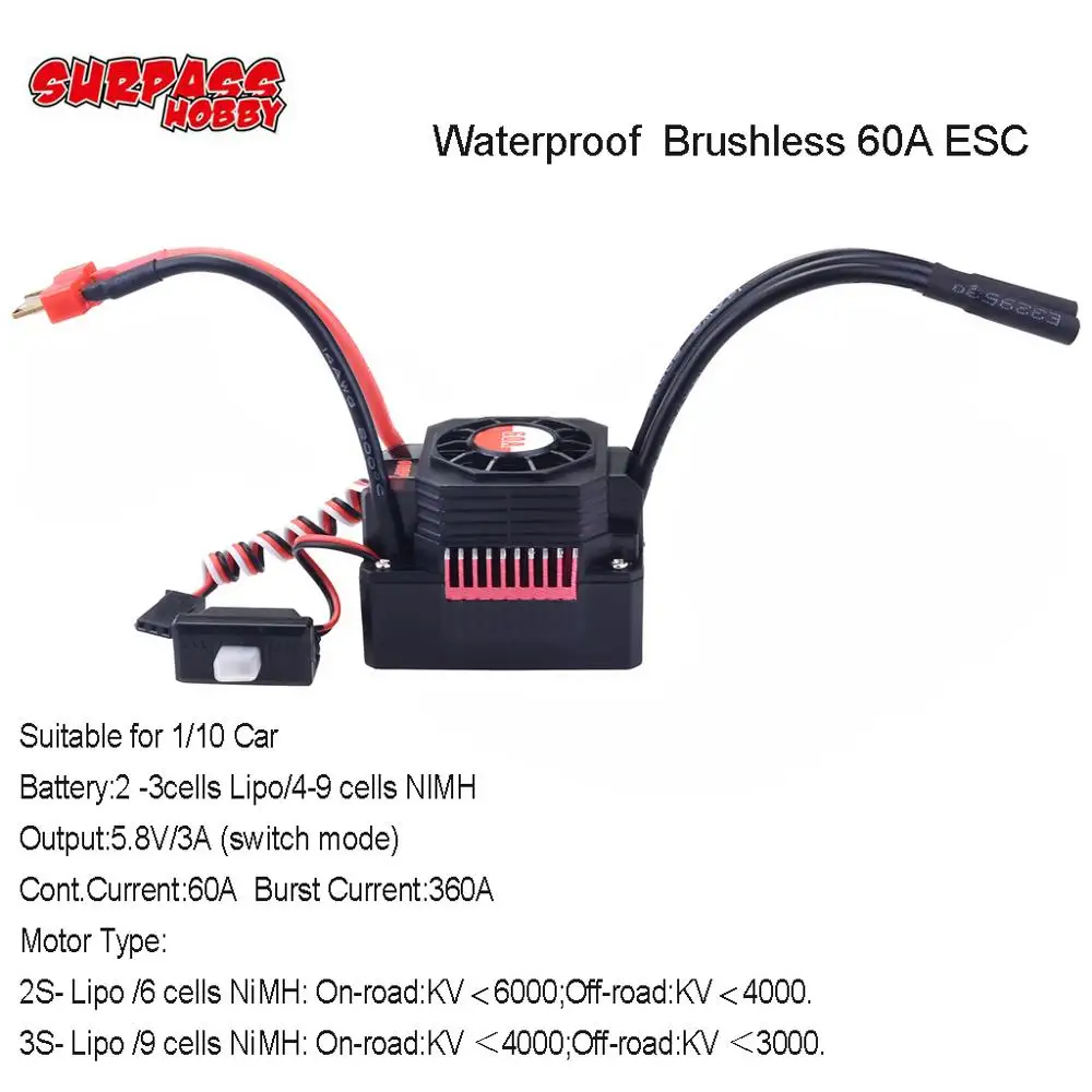 SURPASS HOBBY KK Waterproof Series 60A ESC Brushless Electronic Speed Controller for 1/10 RC Car 3650 3660 Motor | Игрушки и хобби