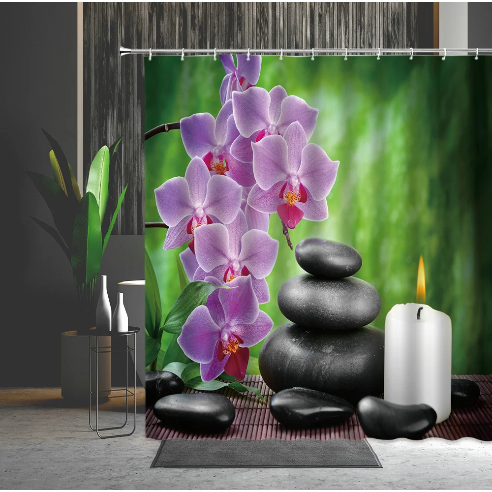 

Zen Shower Curtain Wood Grain Black Stone Purple Flowers Petal Multi Size Bathroom Decoration Hanging Curtains With Hooks